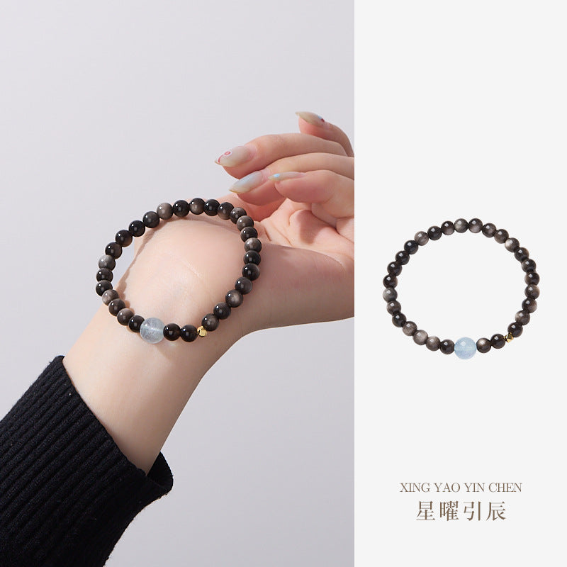 AS廠-源頭工廠批發天然6MM黑曜石手鍊女海藍寶四方來財高級感水晶手串「SL061J047」25.05-1