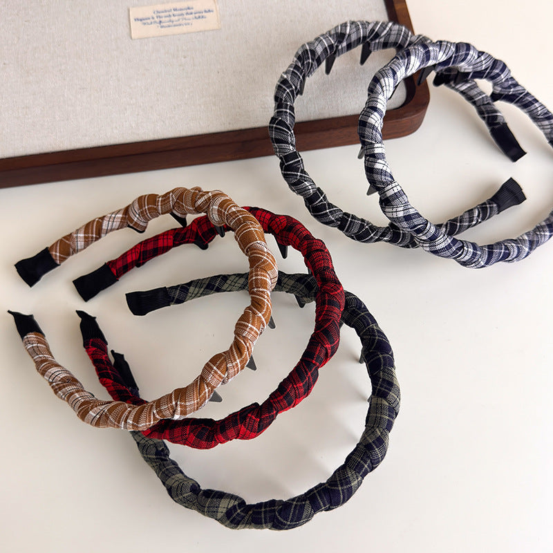 E廠-韓版格紋纏繞髮箍復古格子網紅百搭壓髮波浪帶齒頭箍高顱頂頭飾「27343」25.08-3