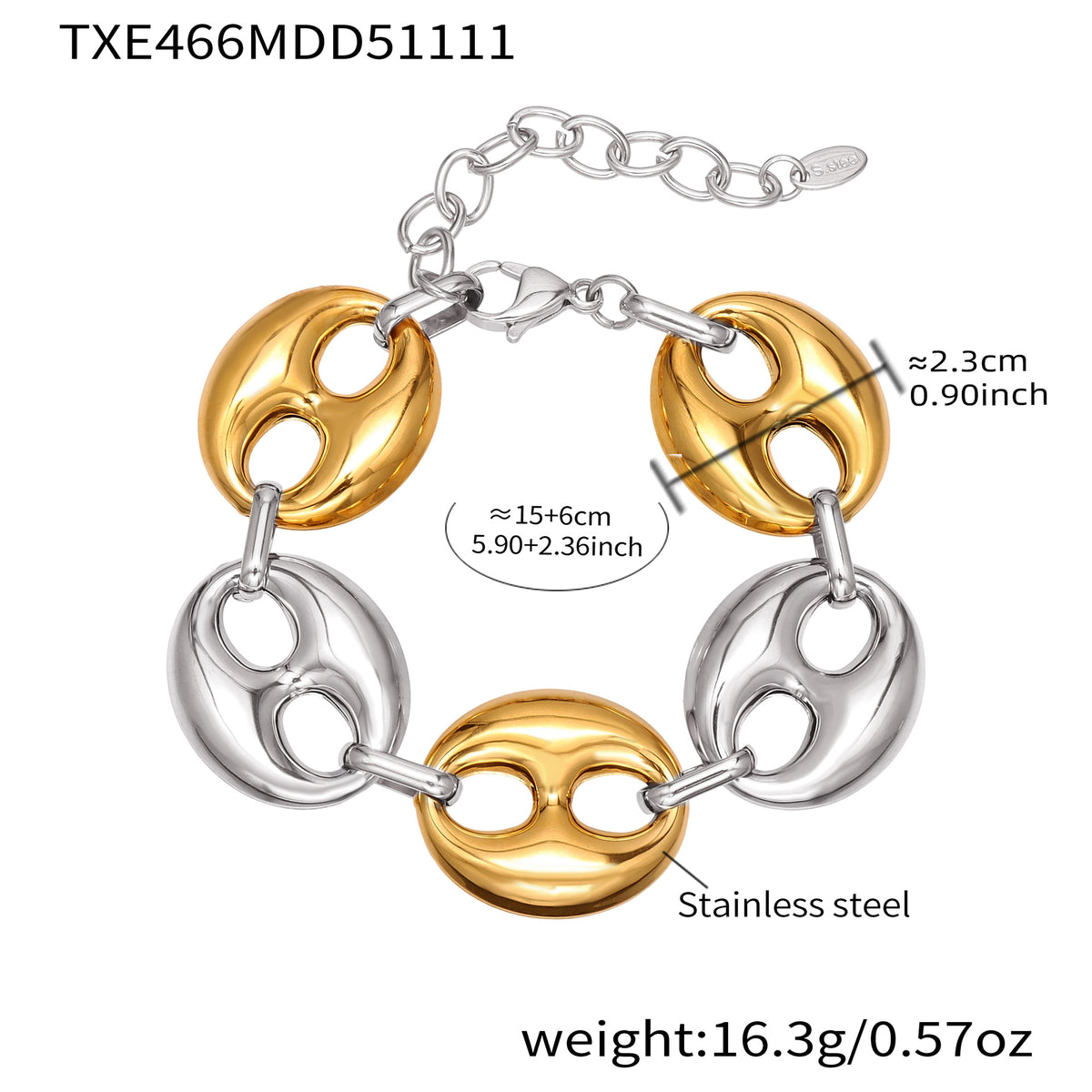 B廠-時尚輕奢風光面橢圓形豬鼻子項鍊手鍊套裝不鏽鋼鍍18k真金「TXP466」25.11-3