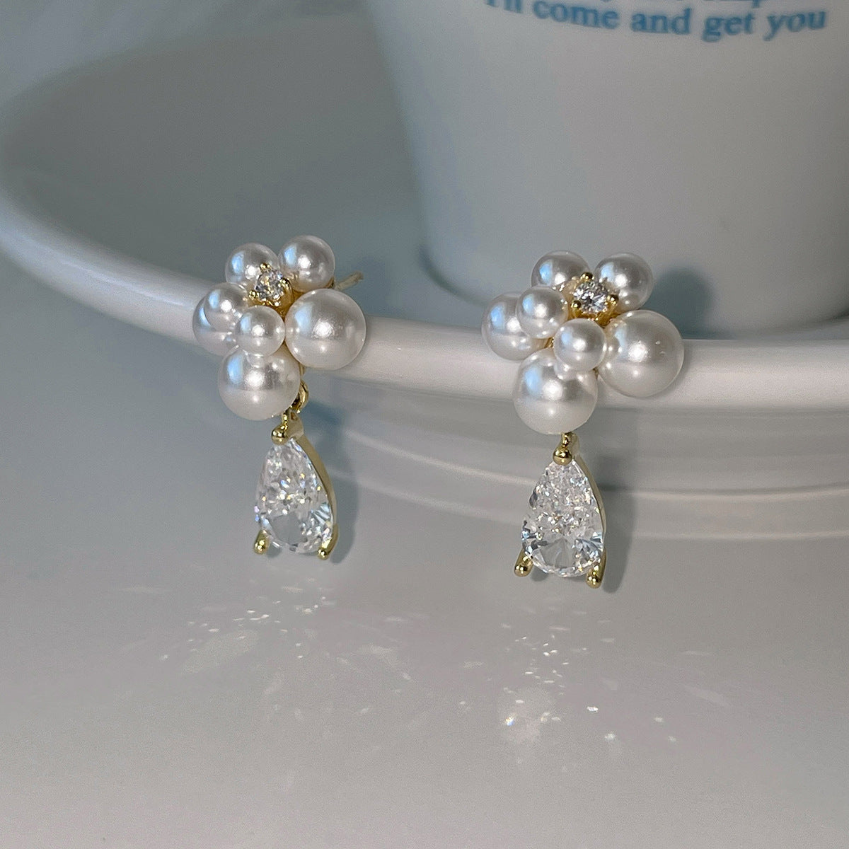 C廠-法式輕奢鋯石耳環女氣質優雅高級感珍珠耳釘復古精緻時尚花朵耳飾「EH-4351」25.12-1