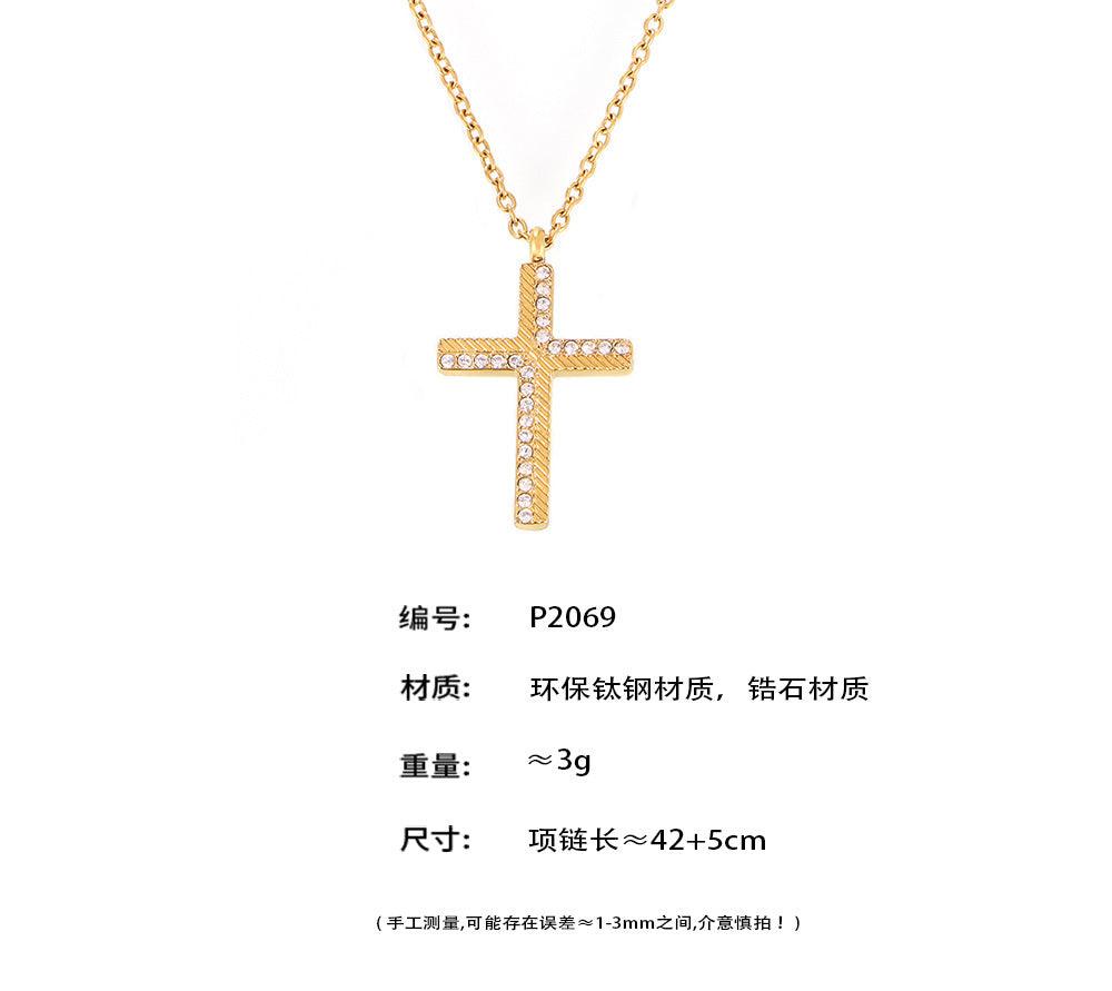 B廠-斜紋十字架鋯石吊墜項鍊女ins小眾疊戴鈦鋼鎖骨鏈批發「P2069-P1694」24.10-2