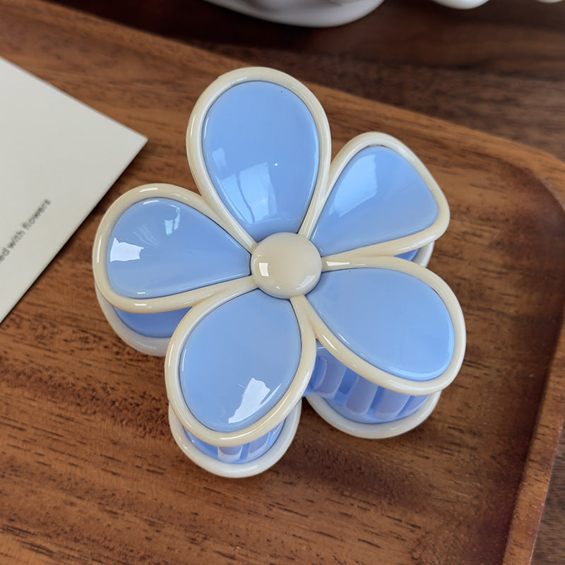 E廠-奶油色甜美撞色雙拼花朵塑料抓夾度假小清新髮夾後腦勺髮抓夾頭飾「26874」25.05-1