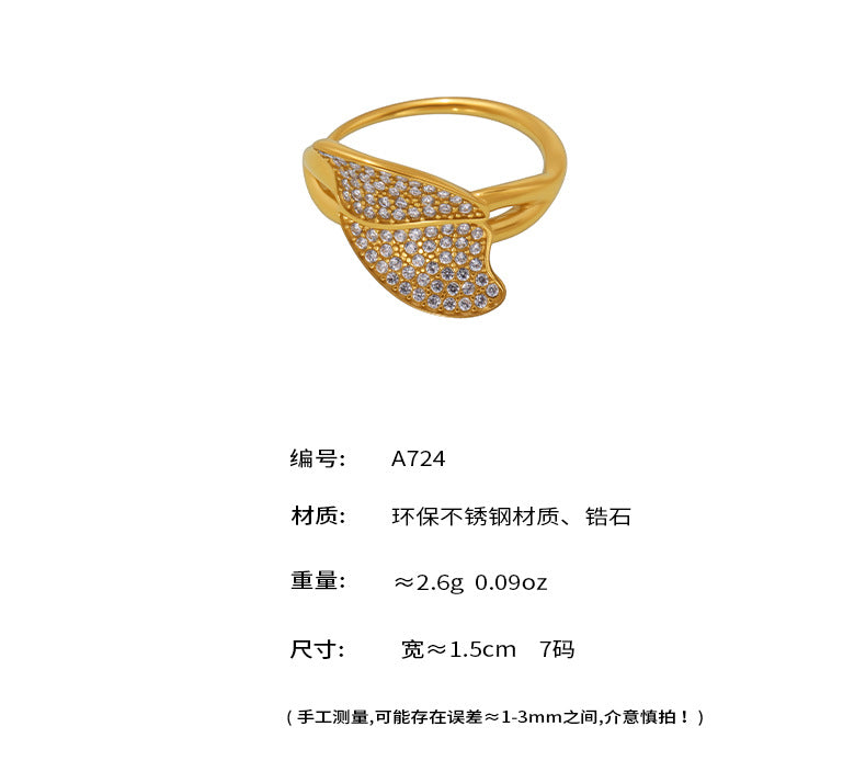 B廠-超閃5A鋯石側開口樹葉戒指滿鑽閃耀不鏽鋼保色氣質女士配飾「A724」25.05-1