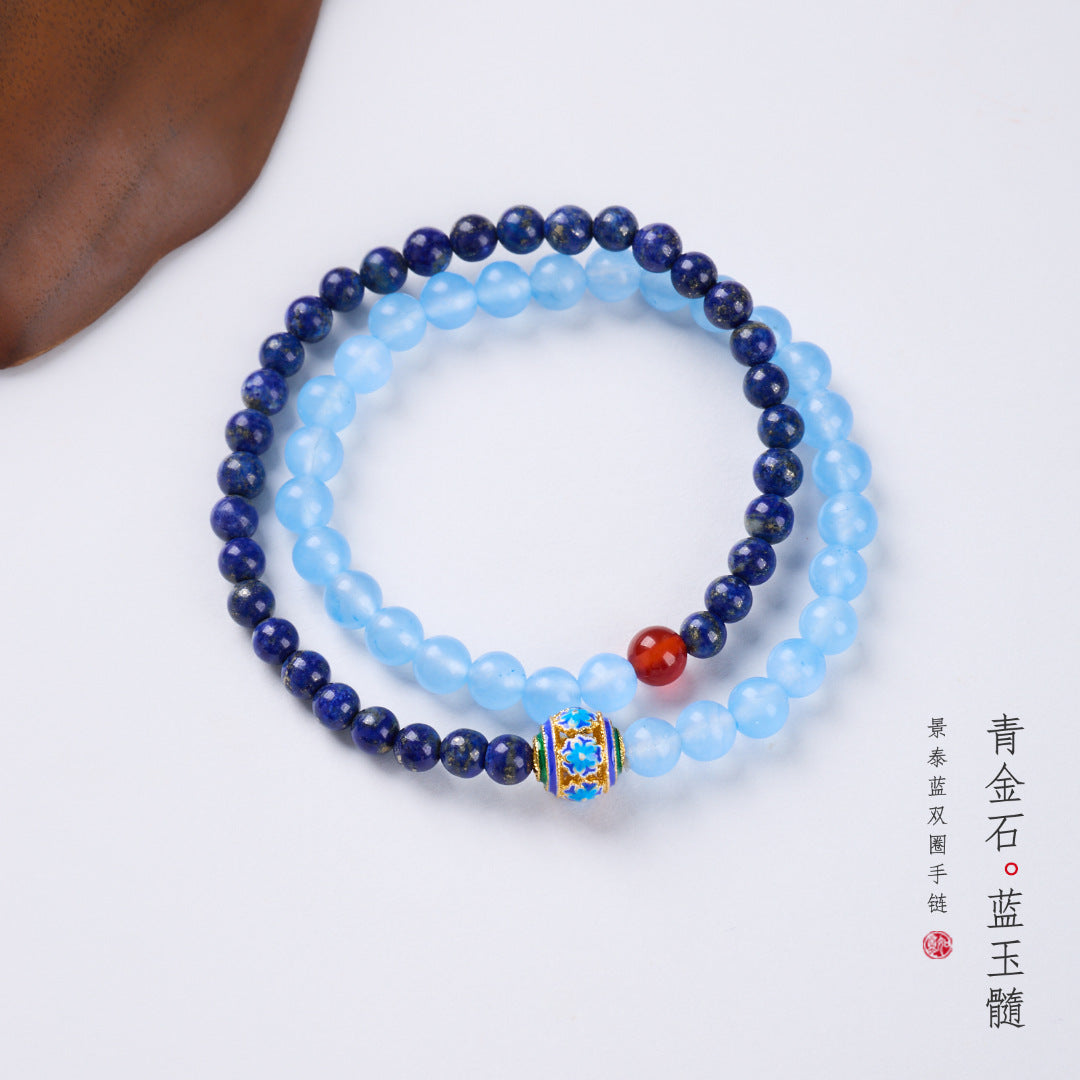AS廠-九華祈福青金石雙圈手鍊景泰藍繁花藍玉髓新中式手串寺廟道觀禮物「JS062X131」25.08-2