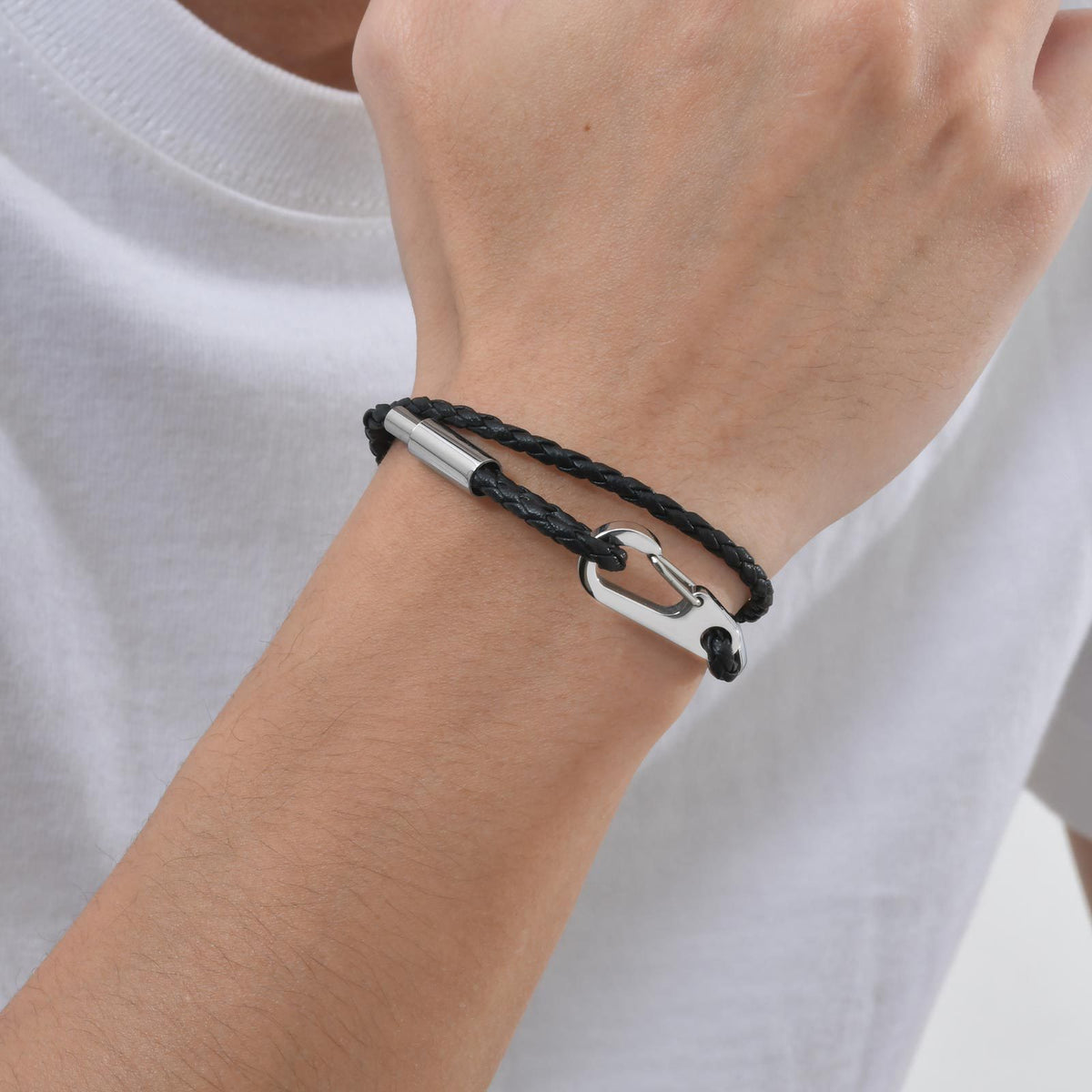 G廠-不鏽鋼男士流行飾品 彈簧扣雙層黑色PU皮繩手鐲鋼色「BL-799」25.08-4