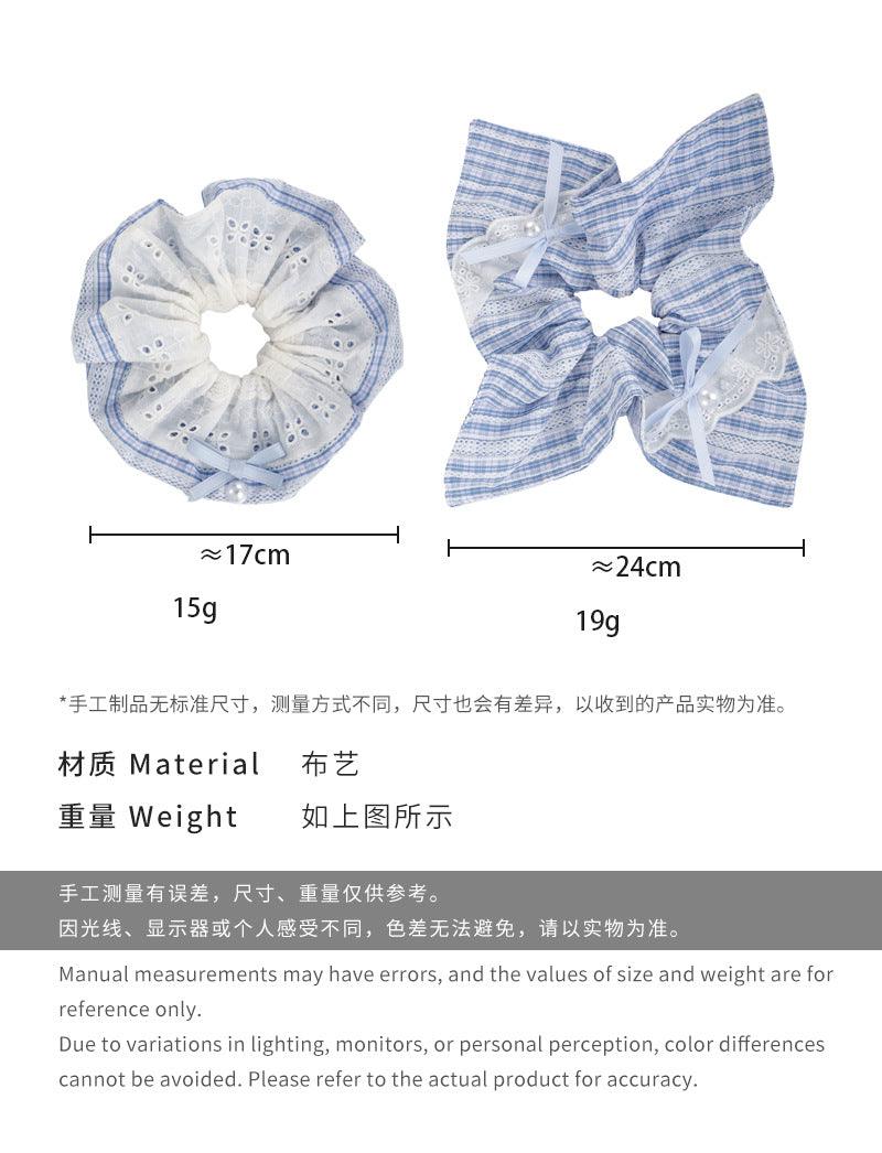 E廠-春日新款藍白色清新格紋蕾絲蝴蝶結布藝髮圈甜美髮飾韓系方巾髮圈「26714」25.03-4