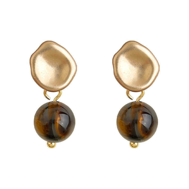 A廠-文藝復古天然石虎眼石925銀針時尚高級感簡約圓形幾何耳飾 耳環女「6994」25.10-5