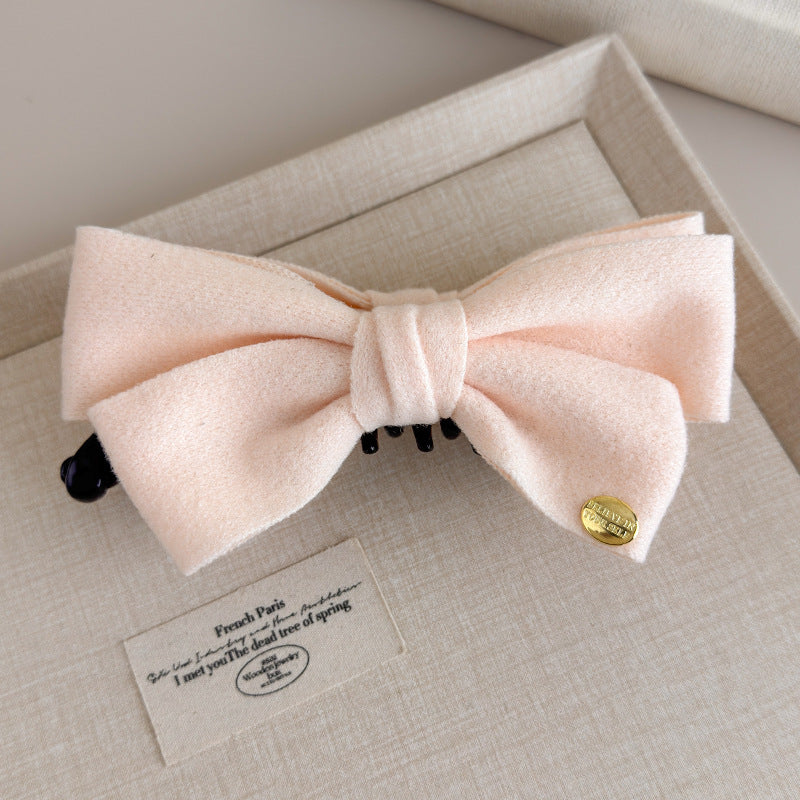 E廠-韓國秋冬高級感雙面呢子蝴蝶結香蕉夾韓系金標竪夾馬尾髮夾髮飾「27639」25.11-1