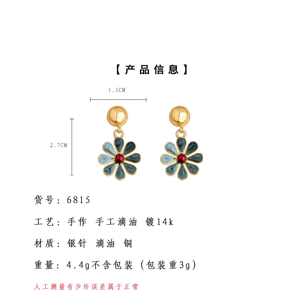 A廠-秋冬款霧霾藍氣質簡約高級感花朵耳飾時尚通勤彩繪滴釉花瓣耳環女「6815」25.09-4