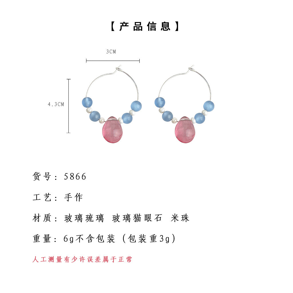 A廠-藍色海洋系~玻璃琉璃貓眼石圓形幾何度假風甜美耳飾工廠耳環飾品「5866」25.05-1