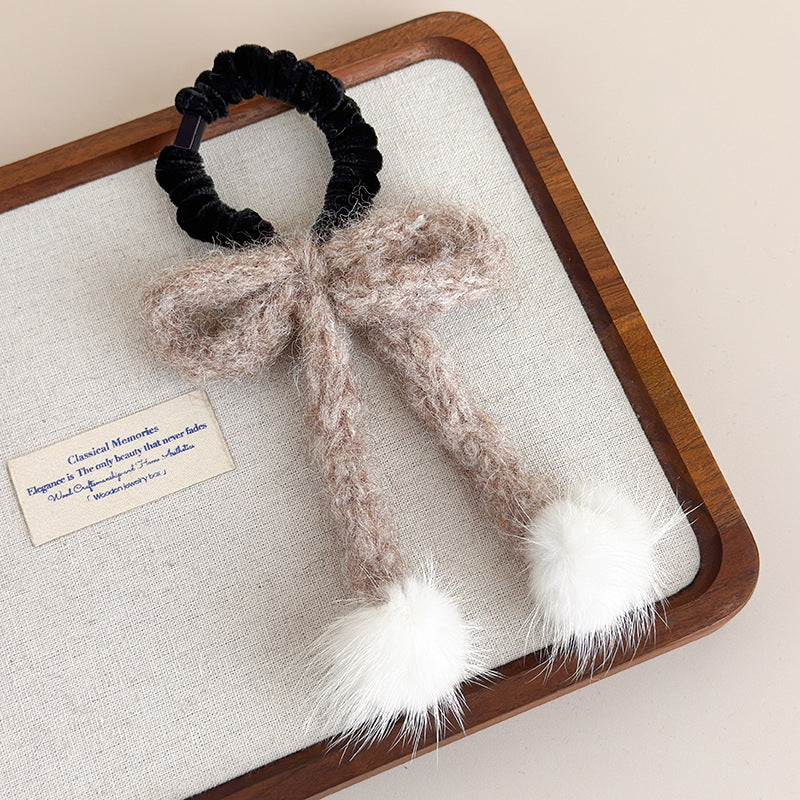 E廠-秋冬日系甜美毛線蝴蝶結髮圈少女白色毛球飾品可愛髮繩扎頭髮皮筋「26334」25.11-3