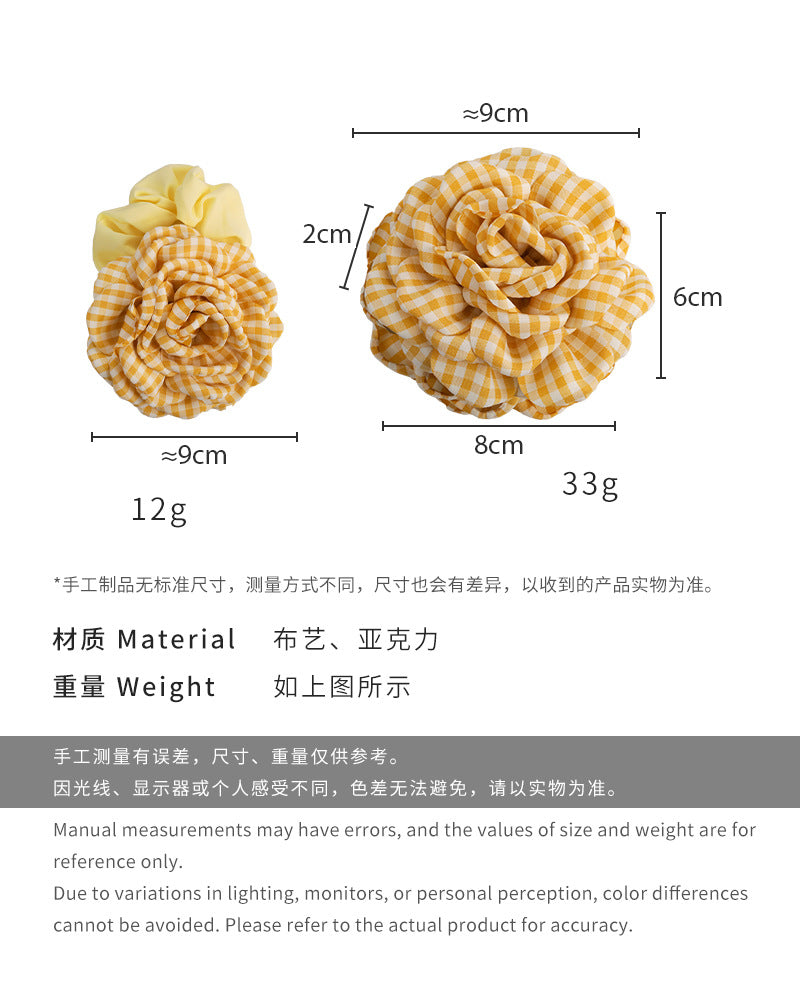 E廠-明媚黃玫瑰格紋花朵抓夾復古百搭鯊魚夾氛圍感髮圈盤半扎髮卡髮飾「26854」25.04-4