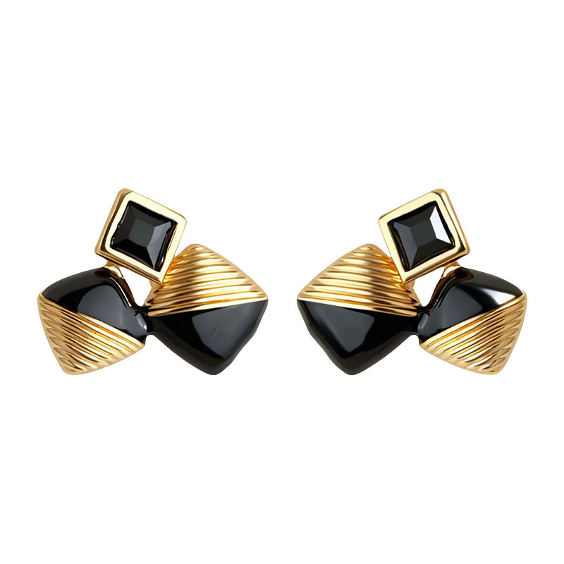 A廠-原始時尚高級感925銀針黑色琺瑯滴釉幾何鋯石耳環女 通勤方形耳飾「7182」25.12-1