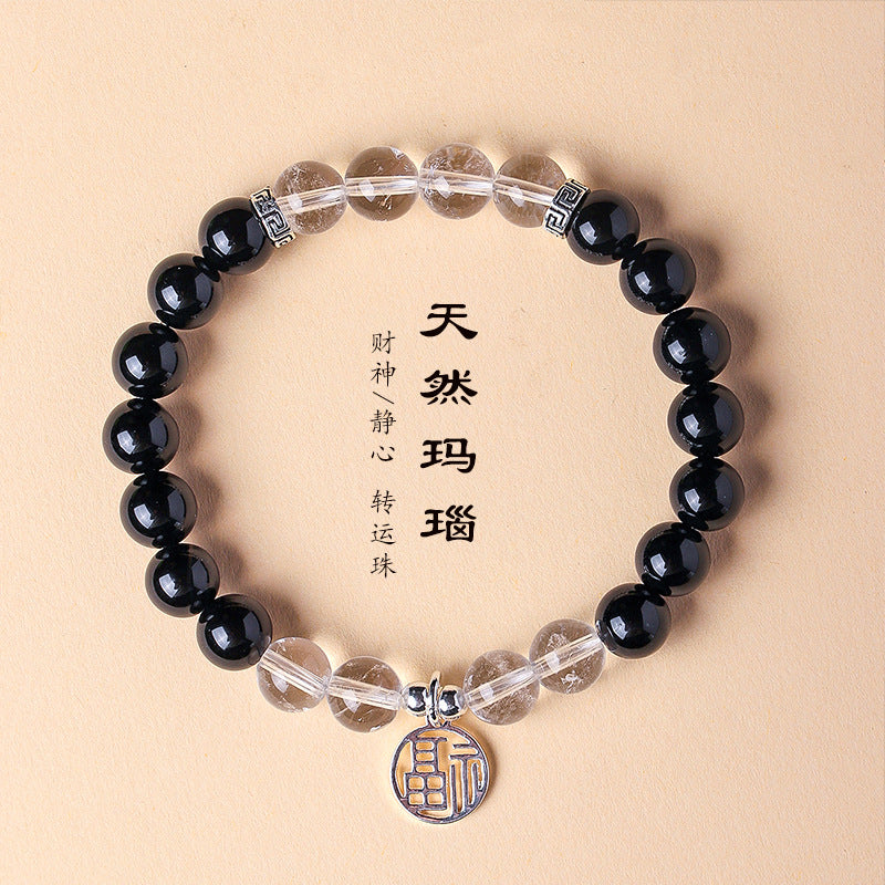 AS廠-天然黑瑪瑙白水晶納福串珠手鍊女文藝復古檸檬黃水晶好運手串首飾「SL6473」25.07-3