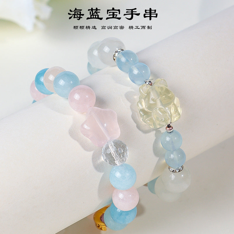 AS廠-天然海藍寶粉水晶星月串珠手鍊女清新甜美黃水晶九尾狐手串首飾「SL6480」25.07-3