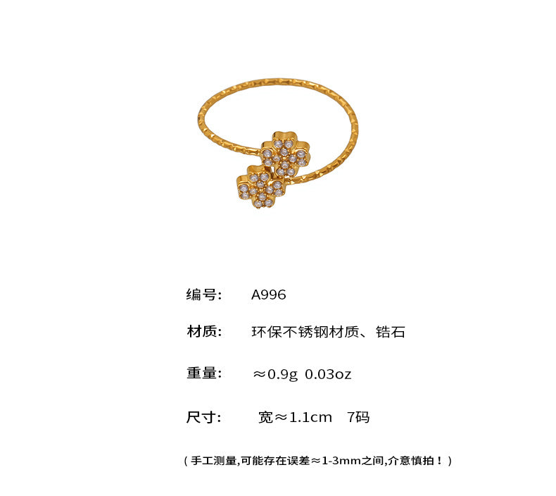 B廠-超閃鋯石四葉花戒指小眾開口細圈食指戒精緻氣質首飾批發女「A996-A997」25.05-1
