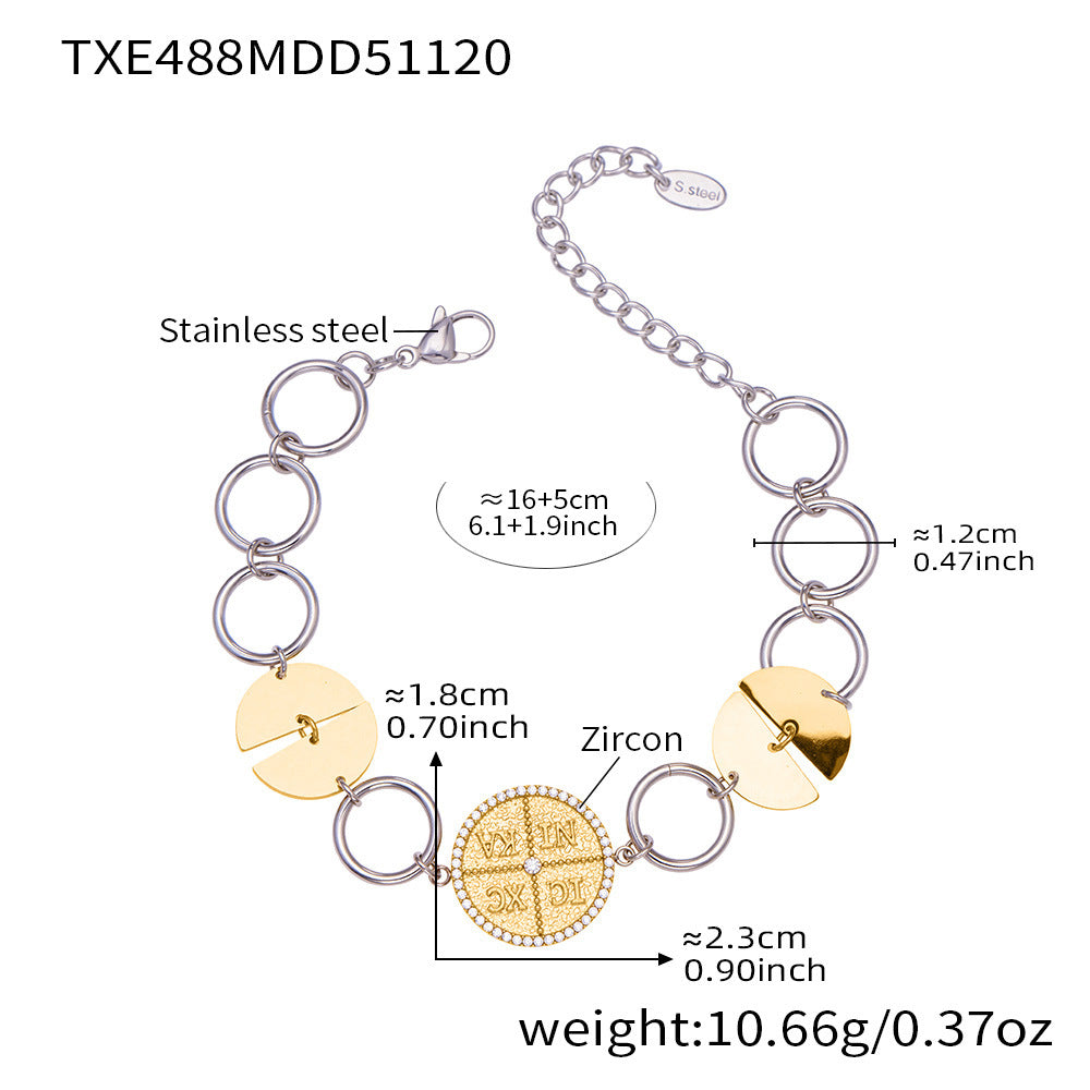 B廠-歐美新款配飾不鏽鋼圓片字母鑲嵌鋯石項鍊手鍊套裝鍍18k金「TXP488」25.11-4