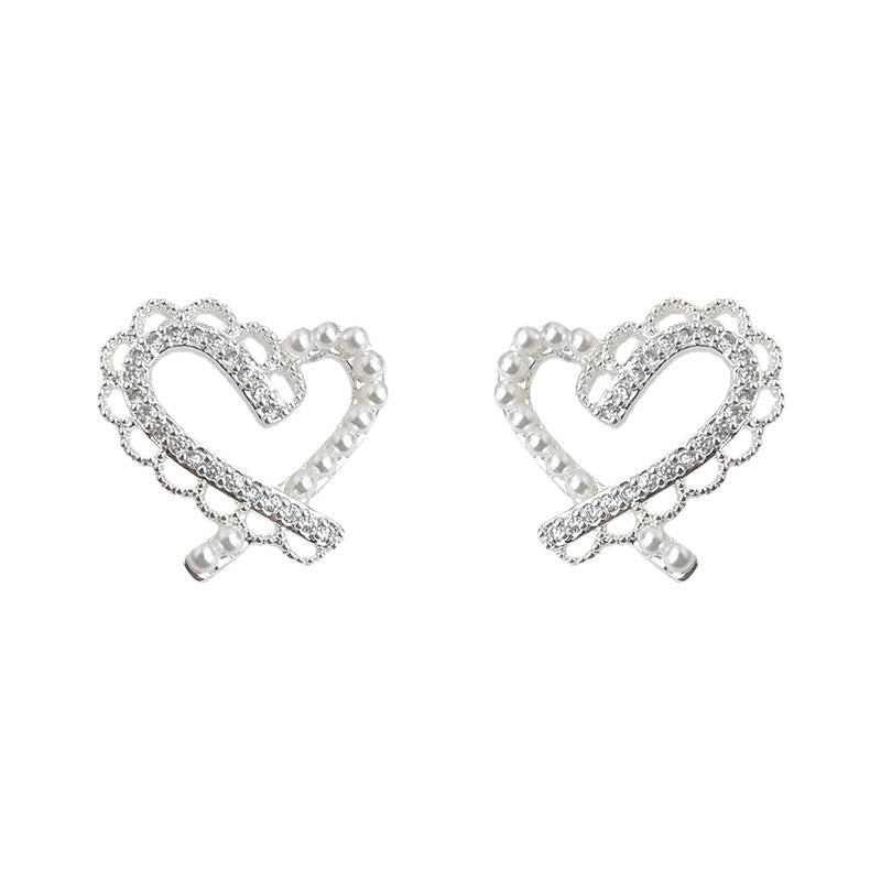 A廠-微鑲鋯石925銀針蕾絲鏤空愛心銀色耳環 氣質簡約甜美新款耳飾「7067」25.11-2