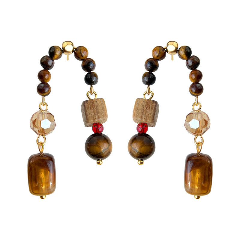 A廠-美拉德風原創手工藝設計感天然石虎眼石琥珀色復古文藝工廠耳環「7116」25.11-3