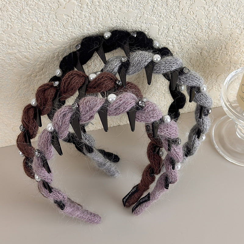 E廠-韓系閃鑽珍珠毛線波浪髮箍女高顱頂頭箍帶齒防滑外戴髮卡壓髮頭飾「27663」25.11-2