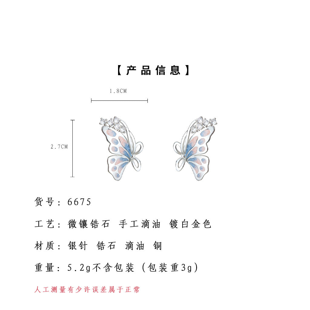 A廠-彩蝶~原創設計微鑲鋯石森系超仙很美蝴蝶手工彩繪耳環925銀針耳飾「6675」25.08-5