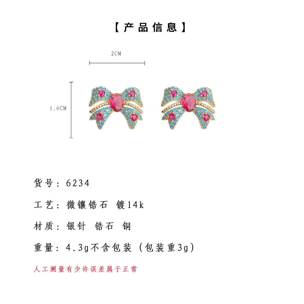 A廠-微鑲鋯石925銀針鍍14K時尚高級感藍色百搭蝴蝶結耳環工廠小眾耳飾「6234」25.06-2