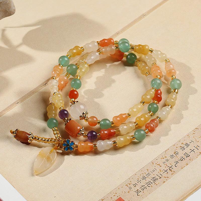 AS廠-翡亦民族風天然金絲玉手串新疆彩玉女款三圈金絲玉葫蘆吊樹葉手鍊「SL89-I-1」25.04-1