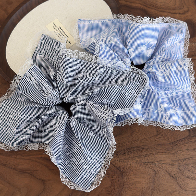 E廠-淺藍色蕾絲刺繡方巾大腸髮圈女清新扎頭髮丸子頭髮繩側低馬尾頭繩「26917」25.05-2