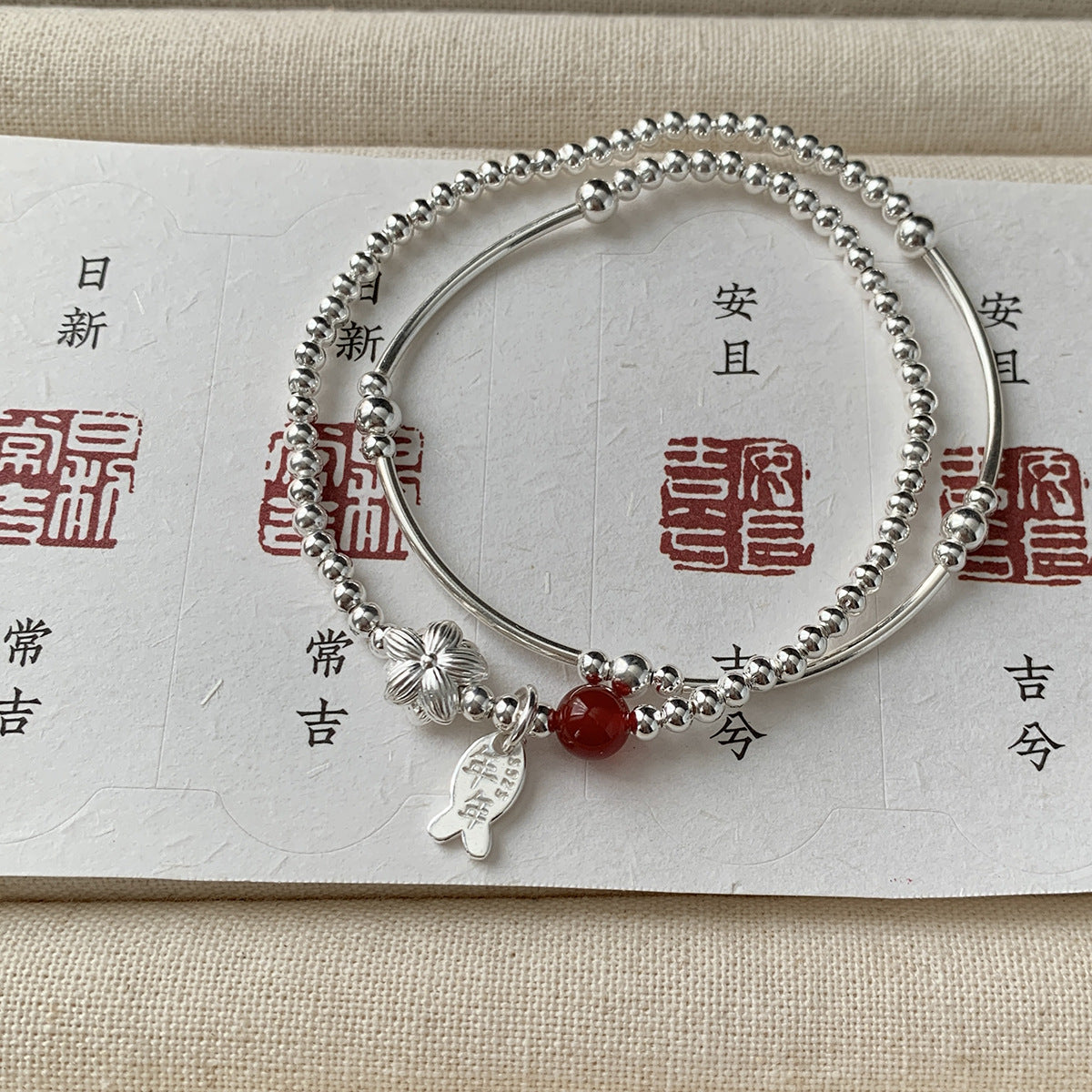 C廠-新中式國風古風年年有餘小魚兒蓮花雙層手鍊女式S925純銀手鍊手串「816」25.06-1