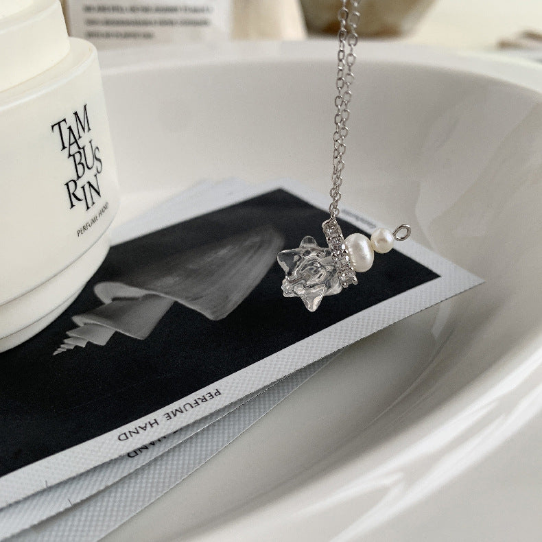 C廠-韓國ins風小眾設計 守護星 天然白水晶天然淡水珍珠S925純銀項鍊「1497」25.11-3