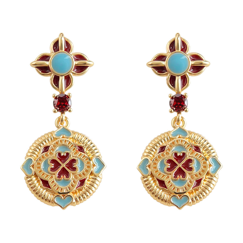 A廠-原創設計新中式民族風925銀針琺瑯滴釉彩繪文藝復古高級感耳飾 耳環「7038」25.11-1