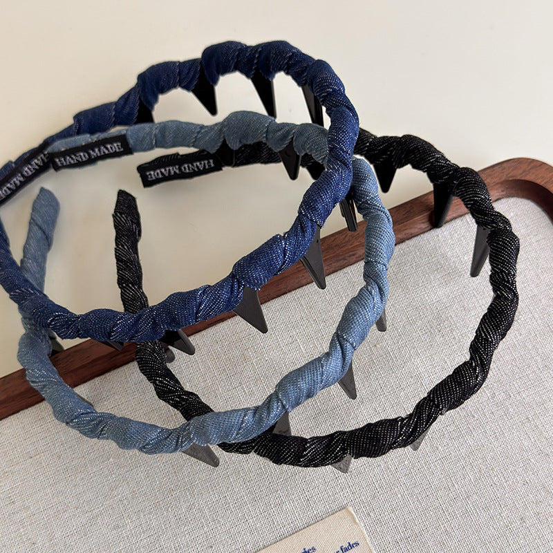 E廠-韓系纏繞編織牛仔髮箍帶齒防滑齒頭箍日常簡約經典百搭波浪頭飾「27245」25.07-4
