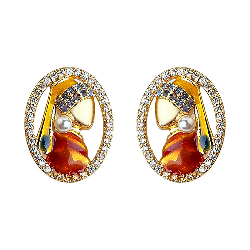 A廠-原創珍珠少女925銀針微鑲鋯石手工彩繪人像幾何耳飾 新款文藝耳釘「7239」25.12-3