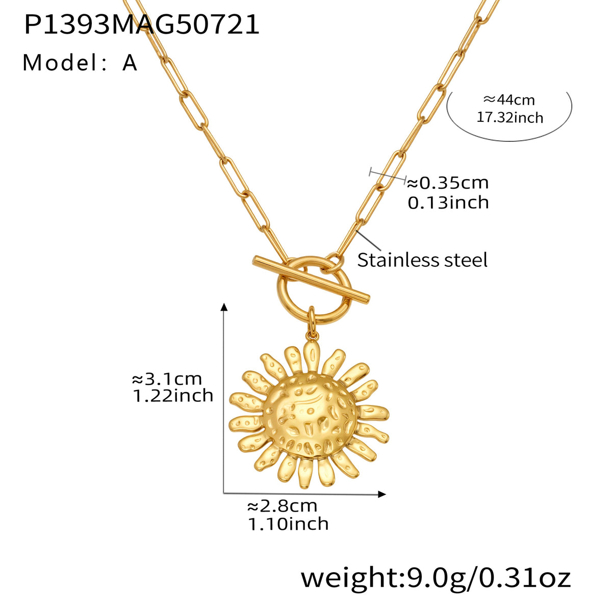 B廠-18k真金不鏽鋼錘紋太陽花OT扣項鍊歐美新款個性設計感飾品「P1393」25.07-4