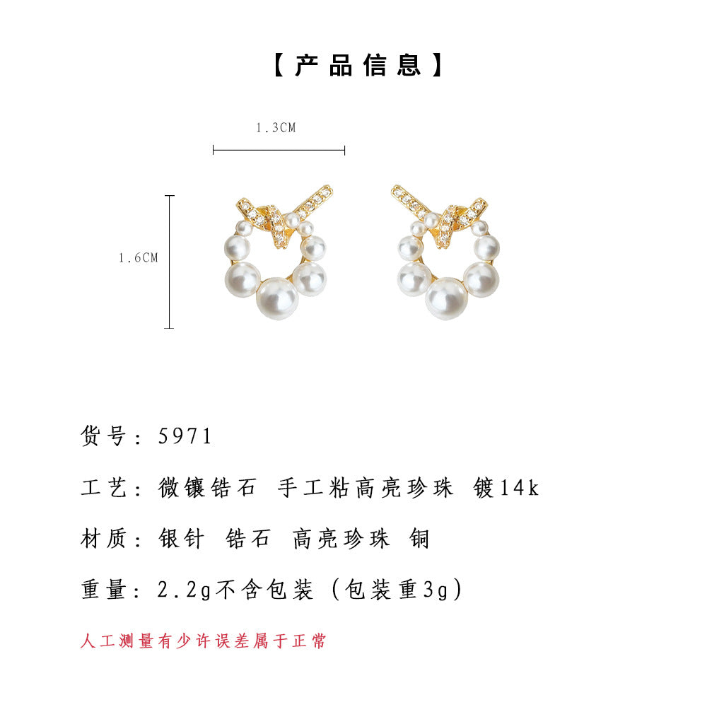 A廠-微鑲鋯石925銀針鍍14K時尚簡約高級感珍珠幾何繩結耳環「5971」25.05-1