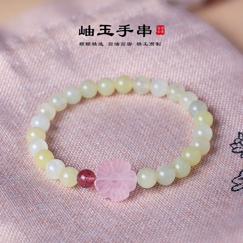 AS廠-新中式天然岫玉粉水晶桃花串珠手鍊女清新甜美檀木梅花手串首飾「DL1405」25.07-3