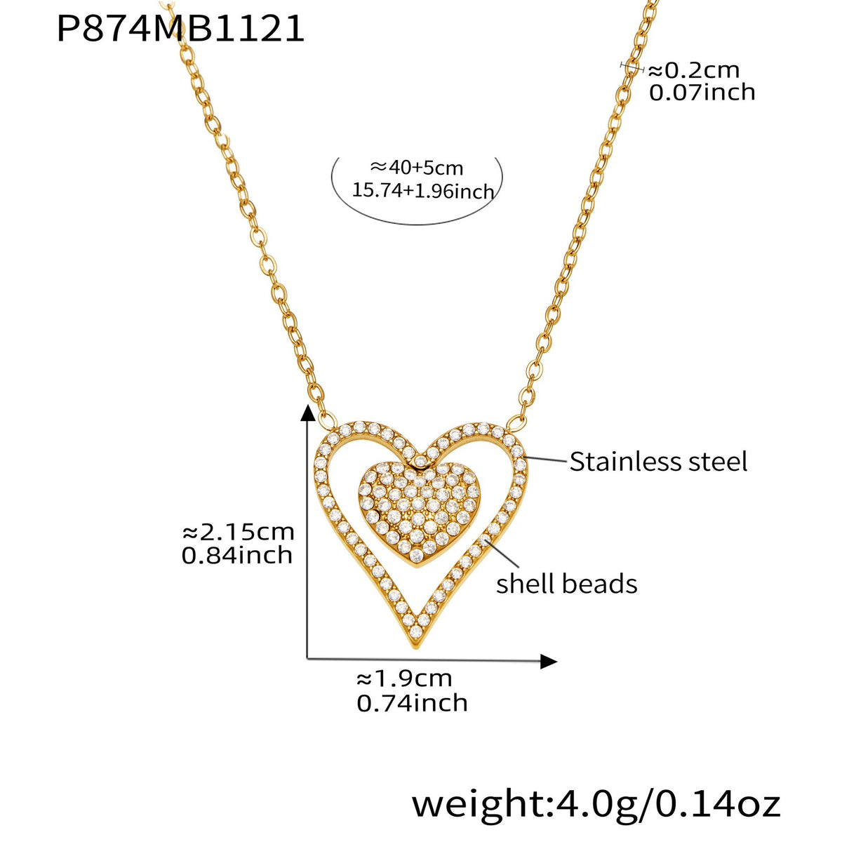 B廠-跨境新款靈動愛心滿鑽鋯石吊墜雙層鎖骨項鍊不鏽鋼鍍18k金「P874」25.11-4