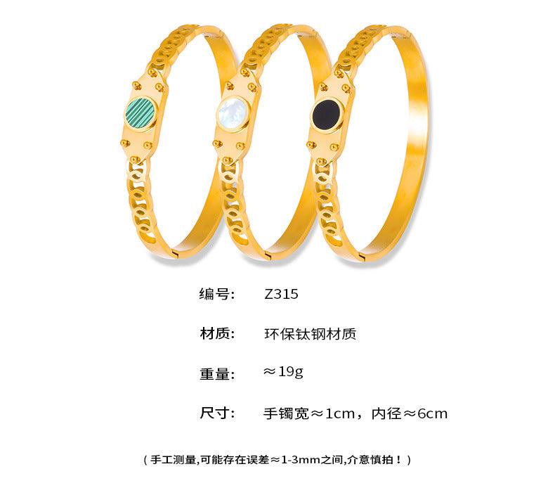 B廠-法式鈦鋼鑲嵌孔雀石白貝手鐲chic風幾何圓形壓克力手環女鍍18k金「Z315」24.06-4