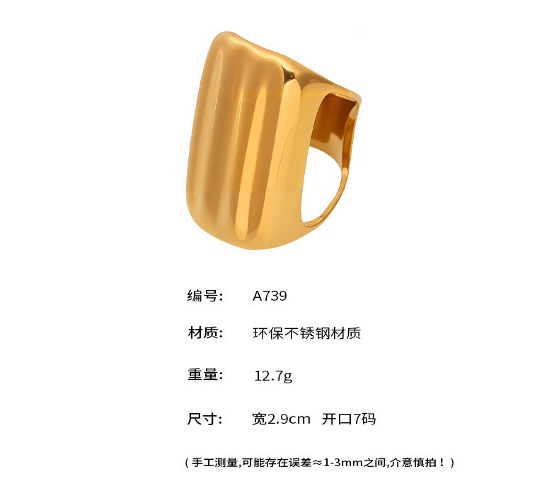 B廠-重工鑄造寬面戒指個性歐美INS誇張不鏽鋼18k真金跨境食指戒「A739」25.05-3