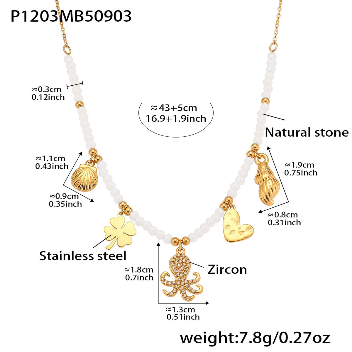 B廠-海洋風不鏽鋼八爪魚帶鑽吊墜天然水晶串珠手工鎖骨項鍊批發「P1203」25.09-2