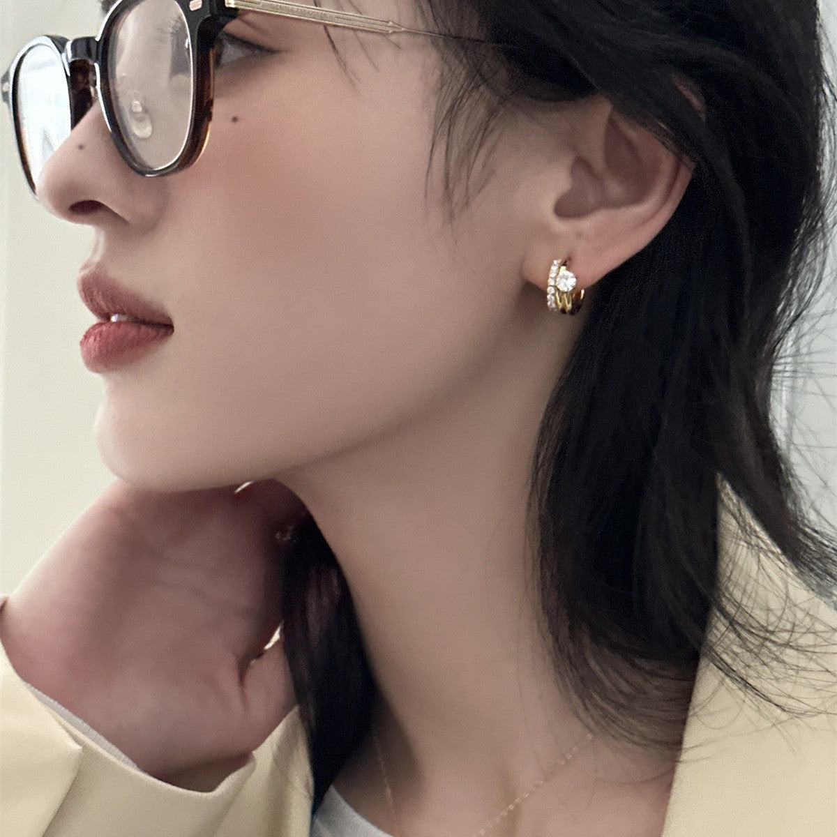 C廠-輕奢韓系鋯石耳環女復古疊戴風雙環銀針耳圈高級感小眾時尚耳飾「EH-3594」25.05-5