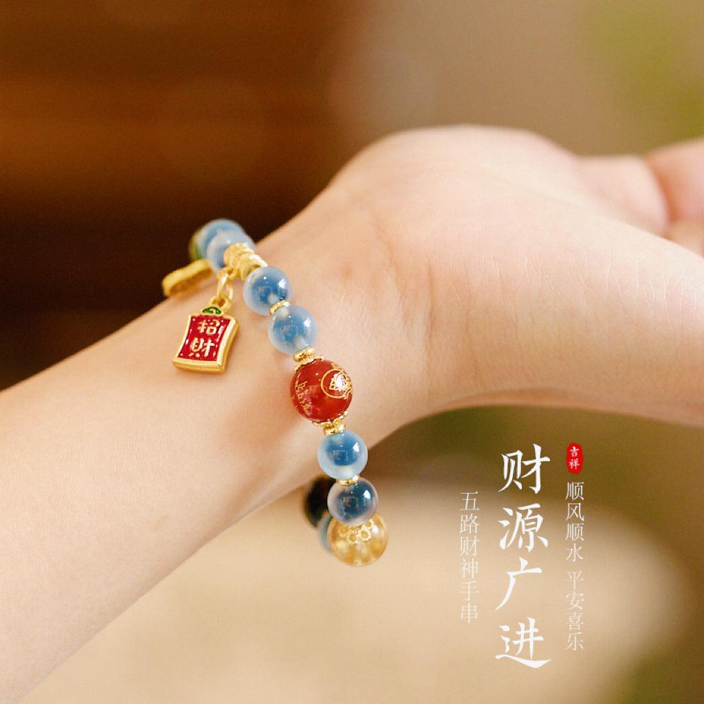 AS廠-寺廟同款天然藍溏心瑪瑙手串五路財神半糖溏心聚寶盆手鍊禮物批發「SL61-A-10-2」25.03-2