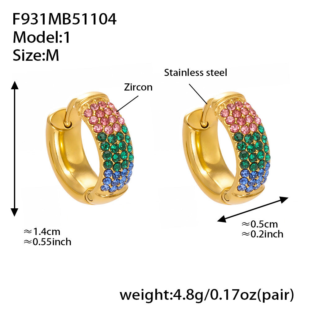 B廠-彩色鋯石拼色圓圈耳環大中小尺寸耳扣不鏽鋼鍍18k真金飾品「F931」25.11-2