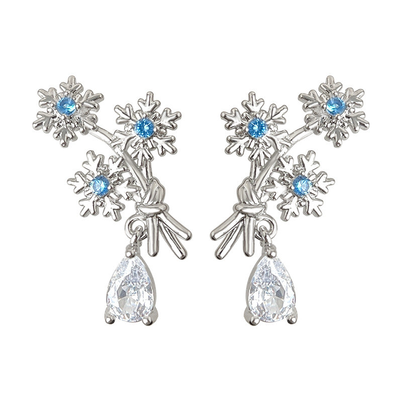 A廠-原創飄雪~海藍寶鋯石925銀針雪花設計師耳環氣質個性創意新耳飾「7158」25.11-4
