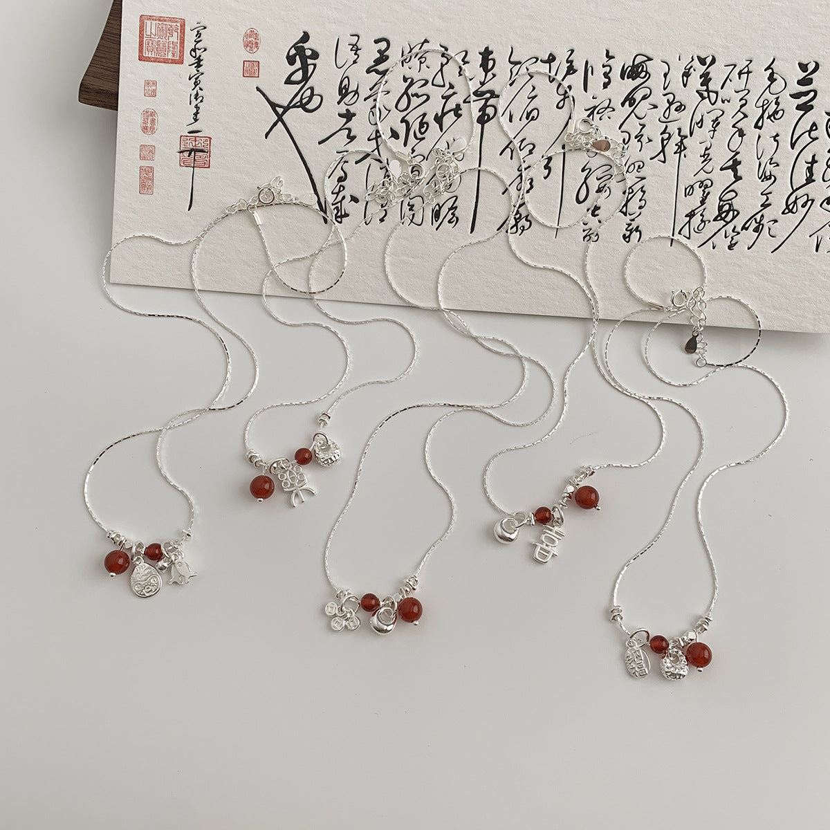 C廠-復古風喜樂福袋招財貓錢幣納福紅瑪瑙S92純銀項鍊女士「X990」25.05-1