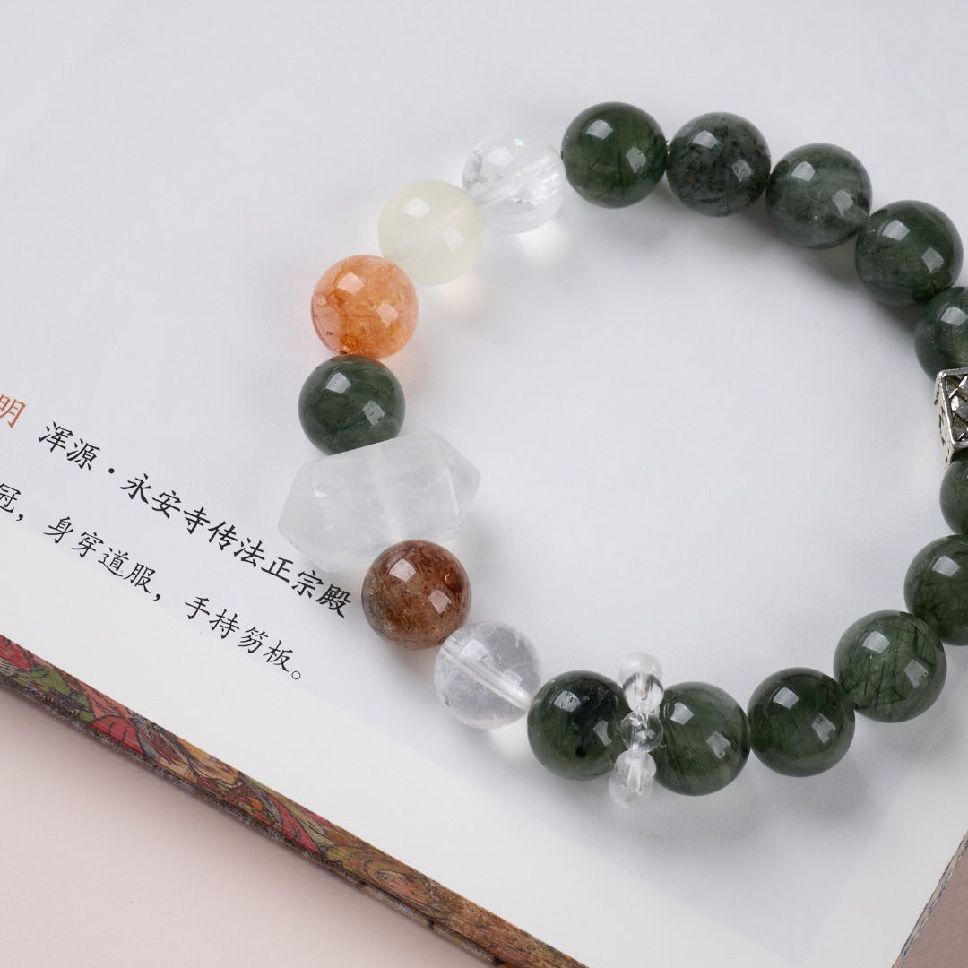 AS廠-天然10MM綠髮晶手鍊女好運白水晶紅膠花多寶高級感水晶手串批發「J101X116」25.08-3