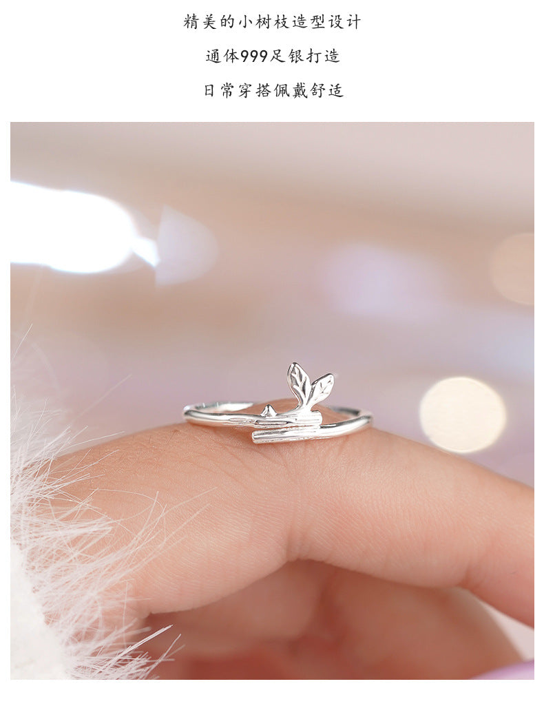 D廠-S999足銀輕奢樹枝樹葉小芽開口戒指女感氛圍感森系高級感指環批發「YC3900R_1」25.07-2