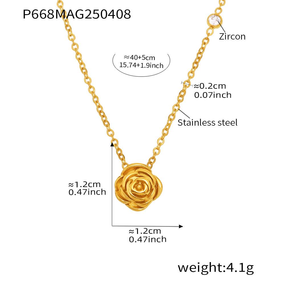B廠-ins風玫瑰花鋯石吊墜鎖骨項鍊歐美輕奢不鏽鋼保色女生飾品「P668-P873」25.04-2