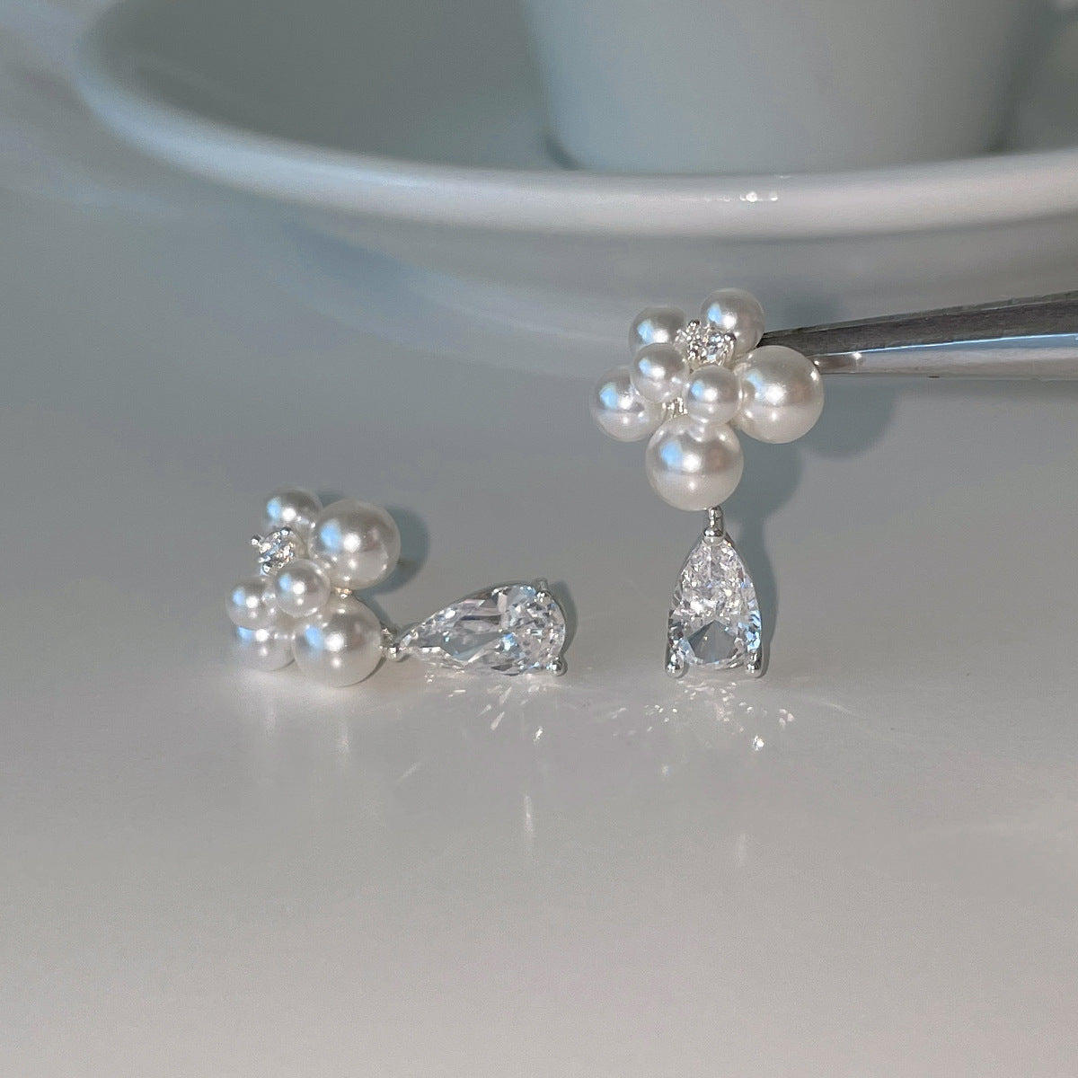 C廠-法式輕奢鋯石耳環女氣質優雅高級感珍珠耳釘復古精緻時尚花朵耳飾「EH-4351」25.12-1