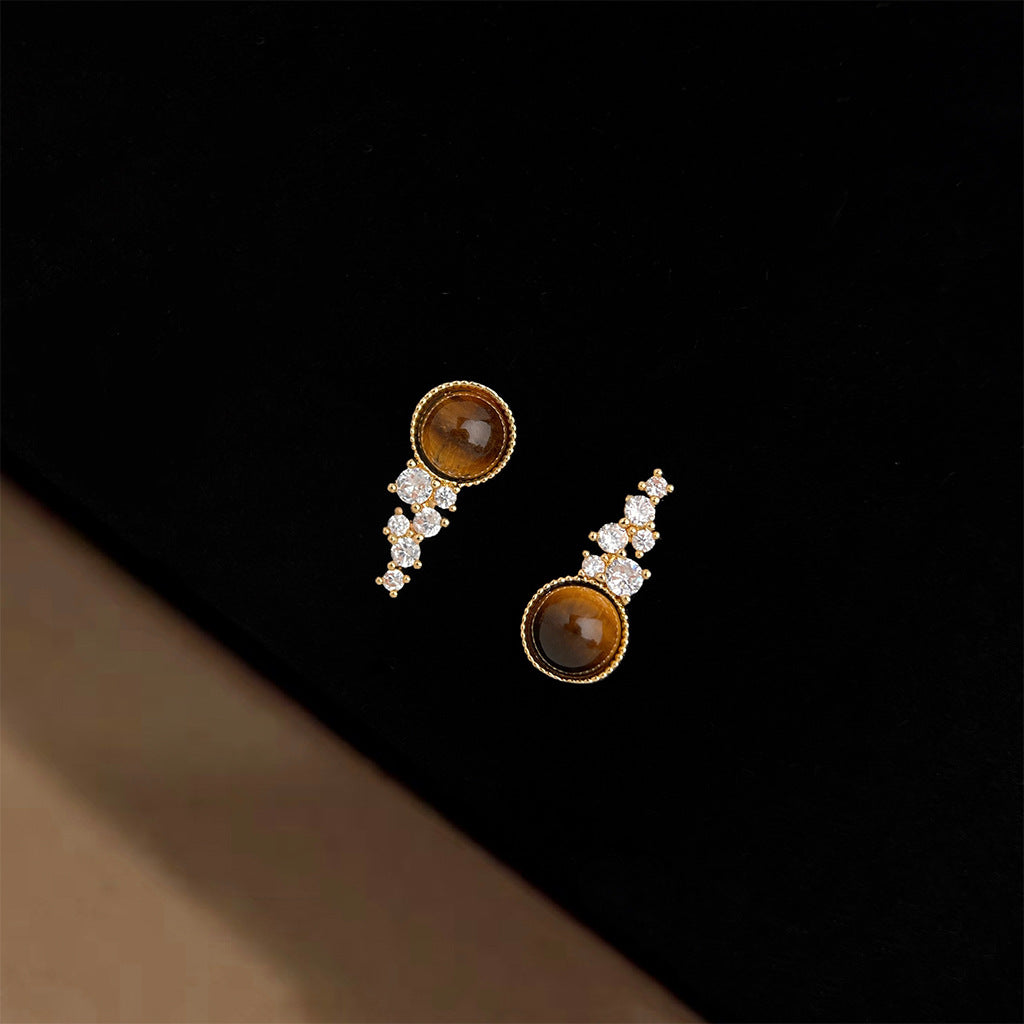 A廠-原始星河天然石虎眼石微鑲鋯石925銀針鍍14K時尚簡約小巧耳環飾「6808」25.09-3